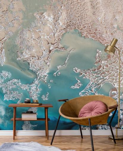 rosa guld och blå anpassad abstrakt väggmålning som heter Coastal Harmony av Petra Meikle de Vlas