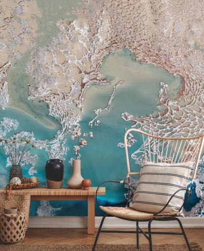 mural de pared abstracto personalizado en oro rosa y azul llamado Coastal Harmony de Petra Meikle de Vlas