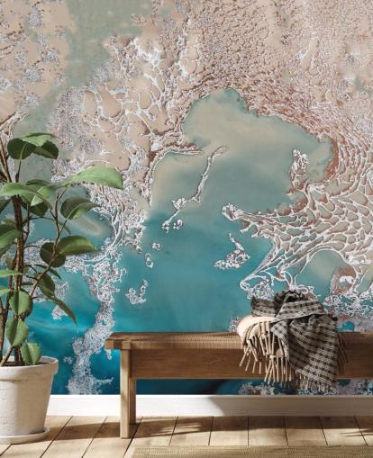 Maßgeschneidertes abstraktes Wandbild aus Roségold und Blau namens Coastal Harmony von Petra Meikle de Vlas