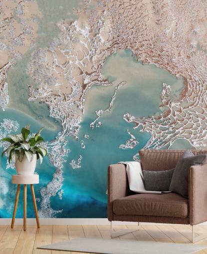 Maßgeschneidertes abstraktes Wandbild aus Roségold und Blau namens Coastal Harmony von Petra Meikle de Vlas