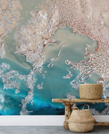 mural de parede abstrato personalizado em ouro rosa e azul chamado Coastal Harmony de Petra Meikle de Vlas mural de parede abstrato personalizado em ouro rosa e azul chamado Coastal Harmony de Petra Meikle de Vlas