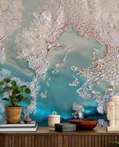 Maßgeschneidertes abstraktes Wandbild aus Roségold und Blau namens Coastal Harmony von Petra Meikle de Vlas