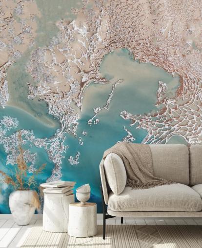 fresque murale abstraite personnalisée en or rose et bleu appelée Coastal Harmony par Petra Meikle de Vlas