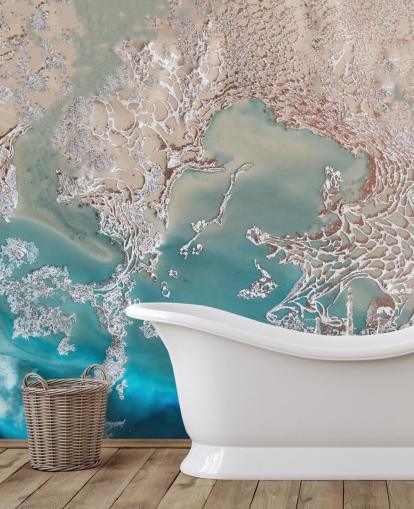 Maßgeschneidertes abstraktes Wandbild aus Roségold und Blau namens Coastal Harmony von Petra Meikle de Vlas Maßgeschneidertes abstraktes Wandbild aus Roségold und Blau namens Coastal Harmony von Petra Meikle de Vlas