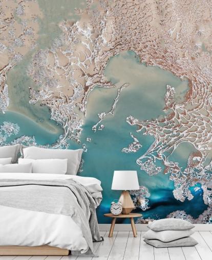 rosa guld och blå anpassad abstrakt väggmålning som heter Coastal Harmony av Petra Meikle de Vlas