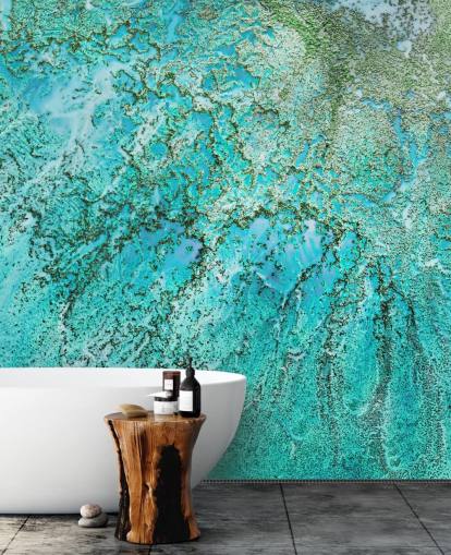 blauwe en groene op maat gemaakte abstracte oceaanmuurschildering genaamd Coral Kingdom door Petra Meikle de Vlas