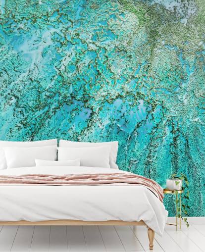 murale oceanico astratto personalizzato blu e verde chiamato Coral Kingdom di Petra Meikle de Vlas
