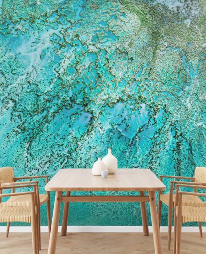 mural oceânico abstrato personalizado em azul e verde chamado Coral Kingdom, de Petra Meikle de Vlas