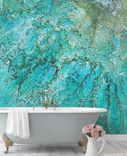 murale oceanico astratto personalizzato blu e verde chiamato Coral Kingdom di Petra Meikle de Vlas