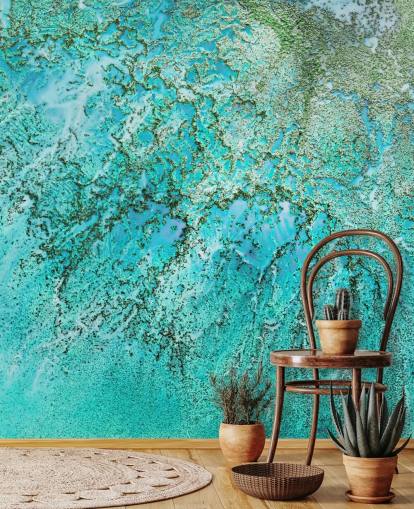 blauwe en groene op maat gemaakte abstracte oceaanmuurschildering genaamd Coral Kingdom door Petra Meikle de Vlas