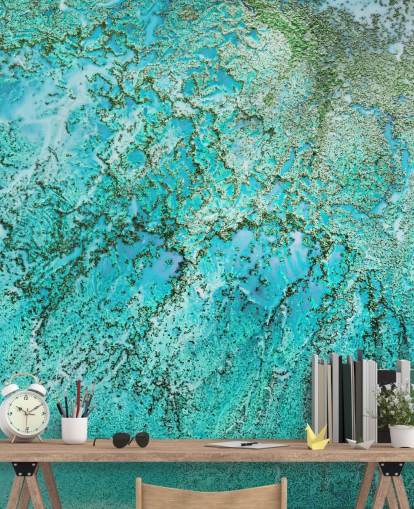 murale oceanico astratto personalizzato blu e verde chiamato Coral Kingdom di Petra Meikle de Vlas