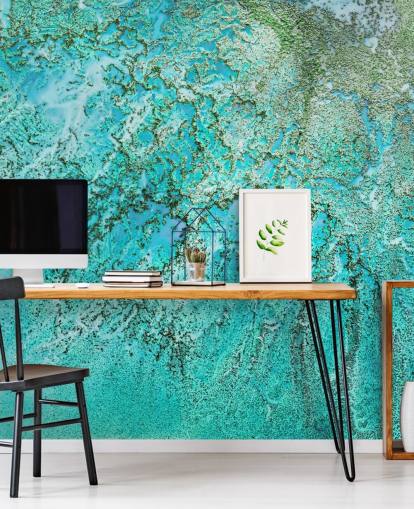 blauwe en groene op maat gemaakte abstracte oceaanmuurschildering genaamd Coral Kingdom door Petra Meikle de Vlas