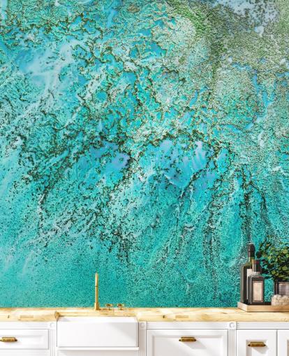 murale oceanico astratto personalizzato blu e verde chiamato Coral Kingdom di Petra Meikle de Vlas murale oceanico astratto personalizzato blu e verde chiamato Coral Kingdom di Petra Meikle de Vlas
