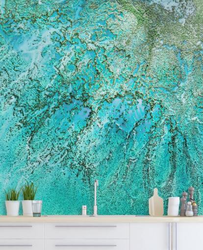 mural oceánico abstracto personalizado azul y verde llamado Coral Kingdom de Petra Meikle de Vlas