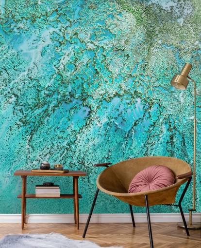 blå och grön anpassad abstrakt havväggmålning kallad Coral Kingdom av Petra Meikle de Vlas blå och grön anpassad abstrakt havväggmålning kallad Coral Kingdom av Petra Meikle de Vlas