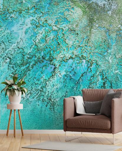 blauwe en groene op maat gemaakte abstracte oceaanmuurschildering genaamd Coral Kingdom door Petra Meikle de Vlas