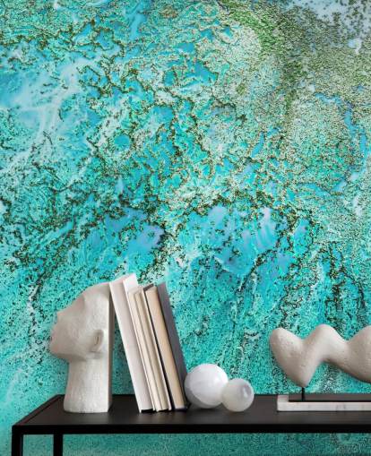 mural oceánico abstracto personalizado azul y verde llamado Coral Kingdom de Petra Meikle de Vlas