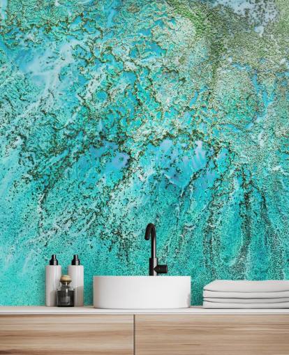 murale oceanico astratto personalizzato blu e verde chiamato Coral Kingdom di Petra Meikle de Vlas