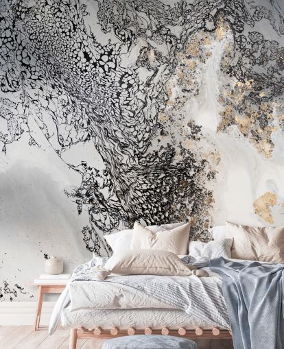 aanpasbare muurschildering in zwart, grijs en goud genaamd Delicate Mix van Petra Meikle de Vlas