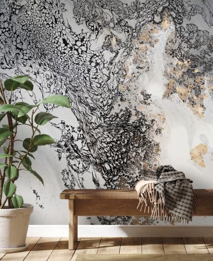 aanpasbare muurschildering in zwart, grijs en goud genaamd Delicate Mix van Petra Meikle de Vlas