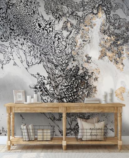 aanpasbare muurschildering in zwart, grijs en goud genaamd Delicate Mix van Petra Meikle de Vlas aanpasbare muurschildering in zwart, grijs en goud genaamd Delicate Mix van Petra Meikle de Vlas