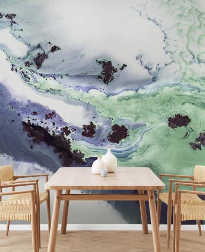 groene en paarse aanpasbare abstracte muurschildering genaamd Delta van Petra Meikle de Vlas groene en paarse aanpasbare abstracte muurschildering genaamd Delta van Petra Meikle de Vlas