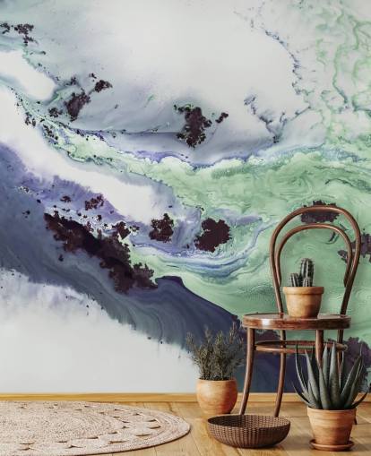 groene en paarse aanpasbare abstracte muurschildering genaamd Delta van Petra Meikle de Vlas