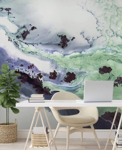 groene en paarse aanpasbare abstracte muurschildering genaamd Delta van Petra Meikle de Vlas