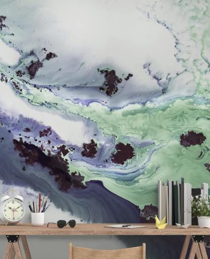 groene en paarse aanpasbare abstracte muurschildering genaamd Delta van Petra Meikle de Vlas