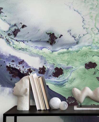 groene en paarse aanpasbare abstracte muurschildering genaamd Delta van Petra Meikle de Vlas