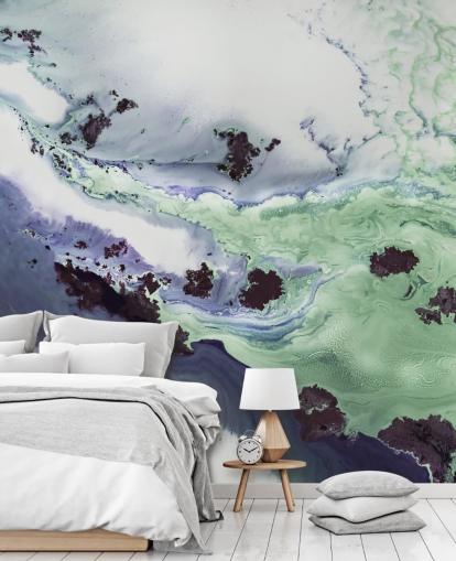 groene en paarse aanpasbare abstracte muurschildering genaamd Delta van Petra Meikle de Vlas groene en paarse aanpasbare abstracte muurschildering genaamd Delta van Petra Meikle de Vlas