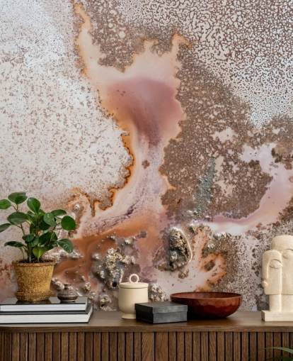 roze en perzik aanpasbare abstracte muurschildering genaamd Discovery door Petra Meikle de Vlas