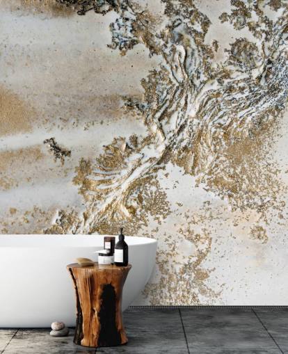 witte en gouden abstracte muurschildering op maat genaamd Entwined van Petra Meikle de Vlas voor woonkamers, eetkamers en badkamers