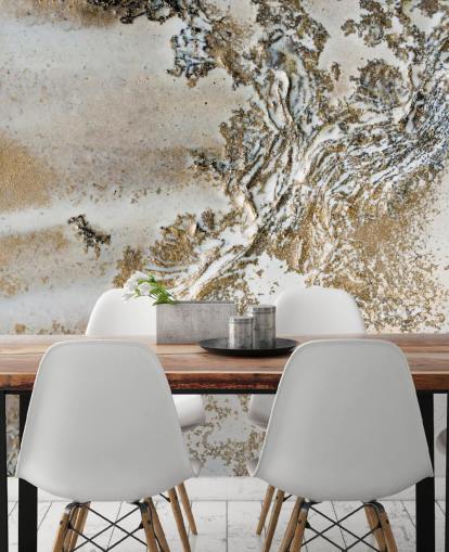 mural abstracto personalizado blanco y dorado llamado Entwined de Petra Meikle de Vlas para salas de estar, comedores y baños