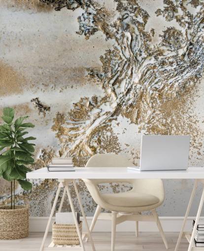 murale astratto personalizzato bianco e oro chiamato Entwined di Petra Meikle de Vlas per salotti, sale da pranzo e bagni