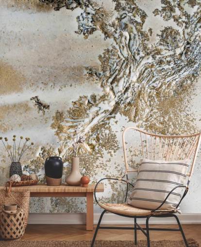 white and gold custom abstract mural called Entwined by Petra Meikle de Vlas for living rooms, dining rooms and bathrooms