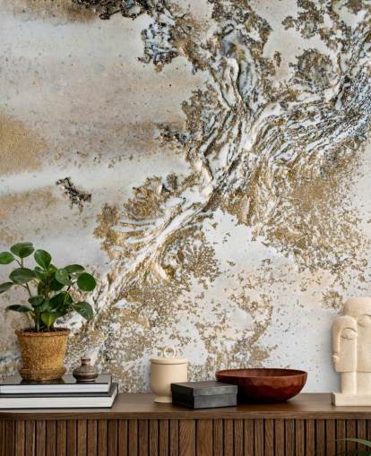 white and gold custom abstract mural called Entwined by Petra Meikle de Vlas for living rooms, dining rooms and bathrooms