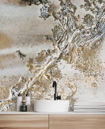 witte en gouden abstracte muurschildering op maat genaamd Entwined van Petra Meikle de Vlas voor woonkamers, eetkamers en badkamers witte en gouden abstracte muurschildering op maat genaamd Entwined van Petra Meikle de Vlas voor woonkamers, eetkamers en badkamers