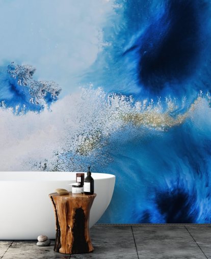 blaues personalisierbares abstraktes Ozean-Wandbild namens Floating Reef von Petra Meikle de Vlas für Badezimmer und Wohnzimmer