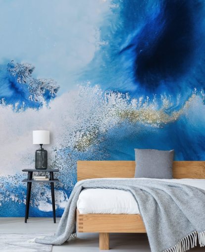 blue customisable abstract ocean wall mural called Floating Reef by Petra Meikle de Vlas for bathrooms and living rooms