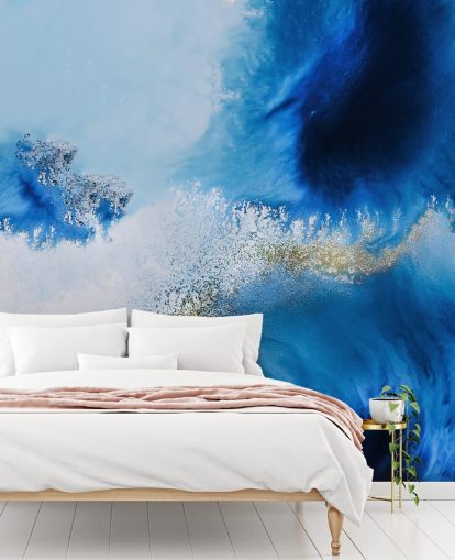 mural azul personalizável abstrato de parede oceânica chamado Floating Reef de Petra Meikle de Vlas para banheiros e salas de estar