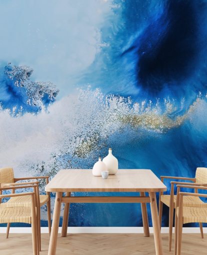 blauwe aanpasbare abstracte oceaanmuurschildering genaamd Floating Reef van Petra Meikle de Vlas voor badkamers en woonkamers