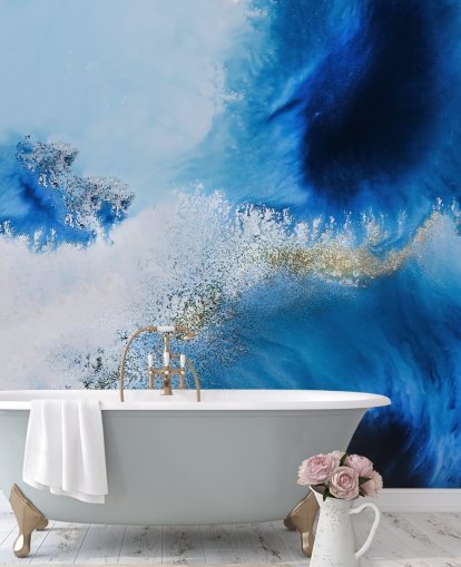 murale blu personalizzabile astratto sull'oceano chiamato Floating Reef di Petra Meikle de Vlas per bagni e salotti