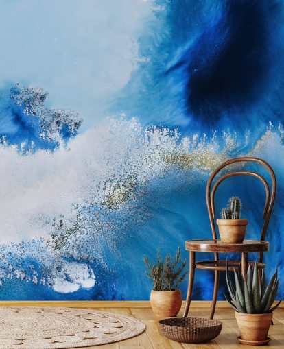 murale blu personalizzabile astratto sull'oceano chiamato Floating Reef di Petra Meikle de Vlas per bagni e salotti