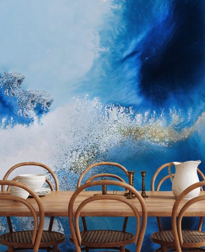 fresque murale abstraite bleue personnalisable sur l'océan appelée Floating Reef par Petra Meikle de Vlas pour les salles de bain et les salons