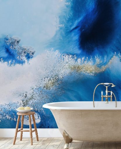 blue customizable abstract ocean wall mural called Floating Reef by Petra Meikle de Vlas for bathrooms and living rooms