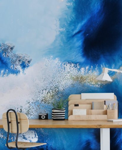 blauwe aanpasbare abstracte oceaanmuurschildering genaamd Floating Reef van Petra Meikle de Vlas voor badkamers en woonkamers blauwe aanpasbare abstracte oceaanmuurschildering genaamd Floating Reef van Petra Meikle de Vlas voor badkamers en woonkamers