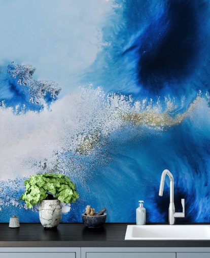 mural azul personalizável abstrato de parede oceânica chamado Floating Reef de Petra Meikle de Vlas para banheiros e salas de estar