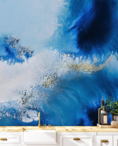 mural de pared azul abstracto personalizable llamado Floating Reef de Petra Meikle de Vlas para baños y salas de estar