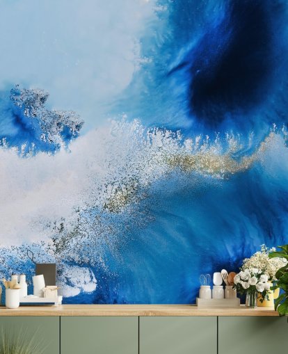 blaues personalisierbares abstraktes Ozean-Wandbild namens Floating Reef von Petra Meikle de Vlas für Badezimmer und Wohnzimmer